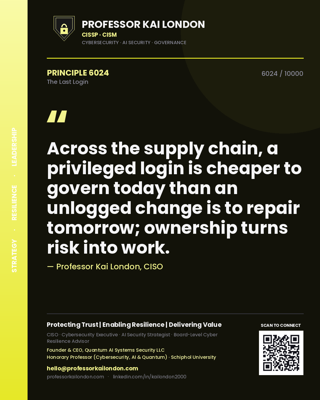 Professor Kai London principle 6024: Across the supply chain, a privileged login is cheaper to govern today than an unlogged change is to repair tomorrow; ownership turns risk into work.