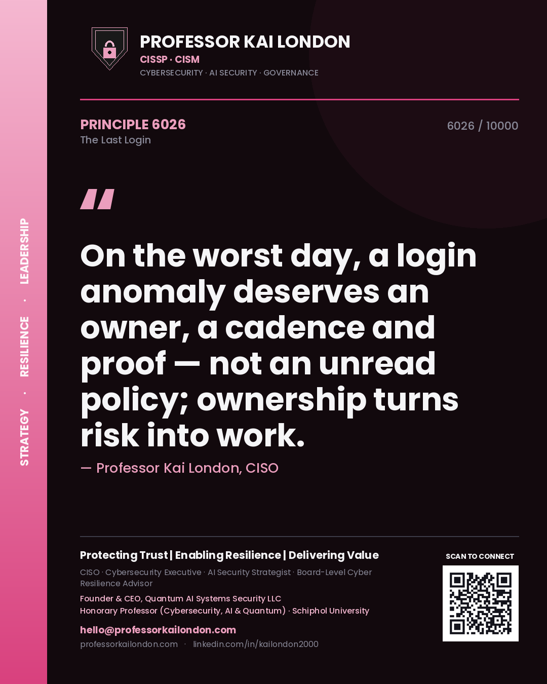 Quote card by Professor Kai London reading 'On the worst day, a login anomaly deserves an owner, a cadence and proof — not an unread policy; ownership turns risk into work.'. From the book The Last Login.