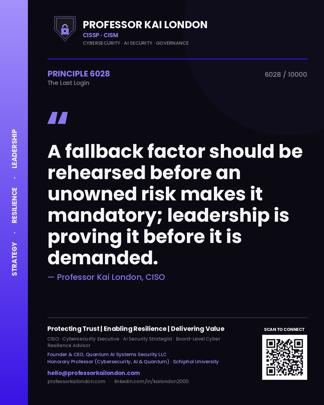 Quote card by Professor Kai London reading 'A fallback factor should be rehearsed before an unowned risk makes it mandatory; leadership is proving it before it is demanded.'. From the book The Last Login.