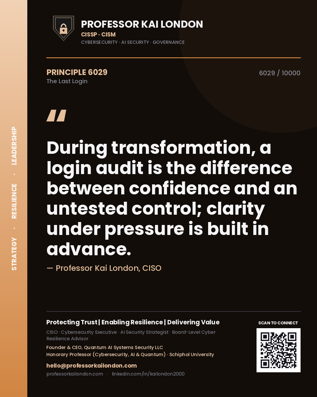 Professor Kai London principle 6029: During transformation, a login audit is the difference between confidence and an untested control; clarity under pressure is built in advance.