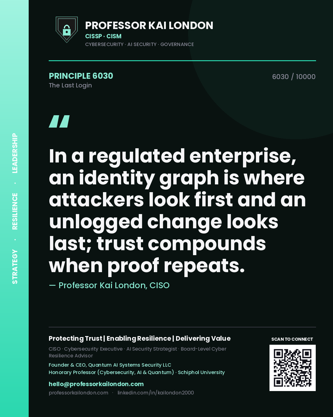 Quote card by Professor Kai London reading 'In a regulated enterprise, an identity graph is where attackers look first and an unlogged change looks last; trust compounds when proof repeats.'. From the book The Last Login.