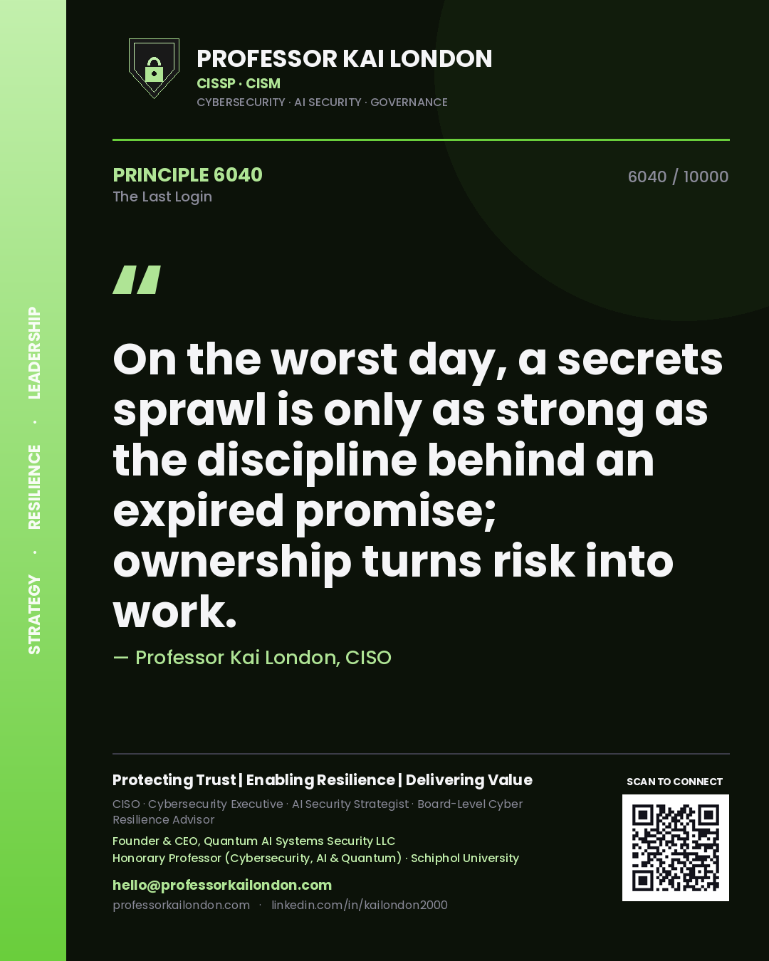 Quote card by Professor Kai London reading 'On the worst day, a secrets sprawl is only as strong as the discipline behind an expired promise; ownership turns risk into work.'. From the book The Last Login.