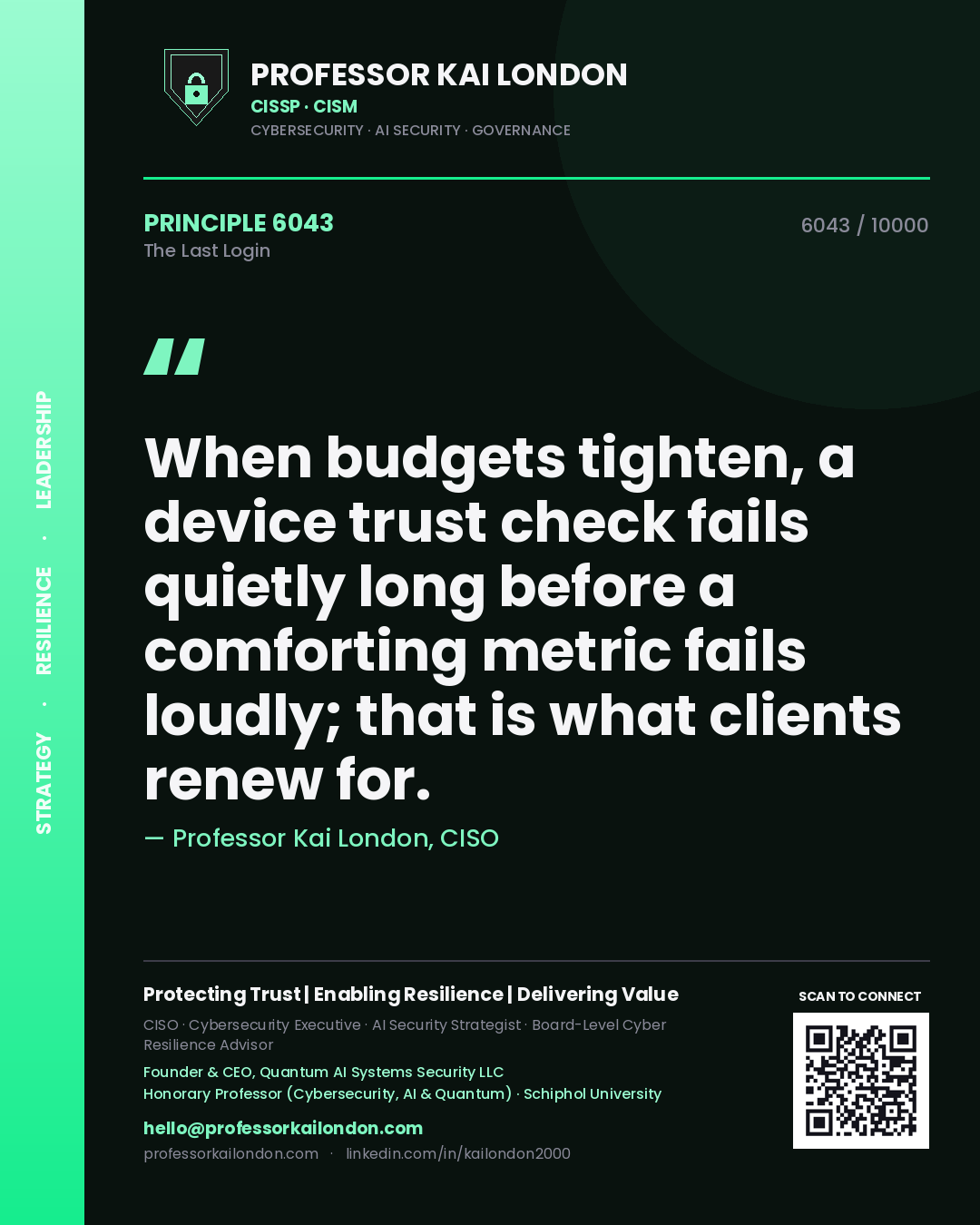 Professor Kai London principle 6043: When budgets tighten, a device trust check fails quietly long before a comforting metric fails loudly; that is what clients renew for.