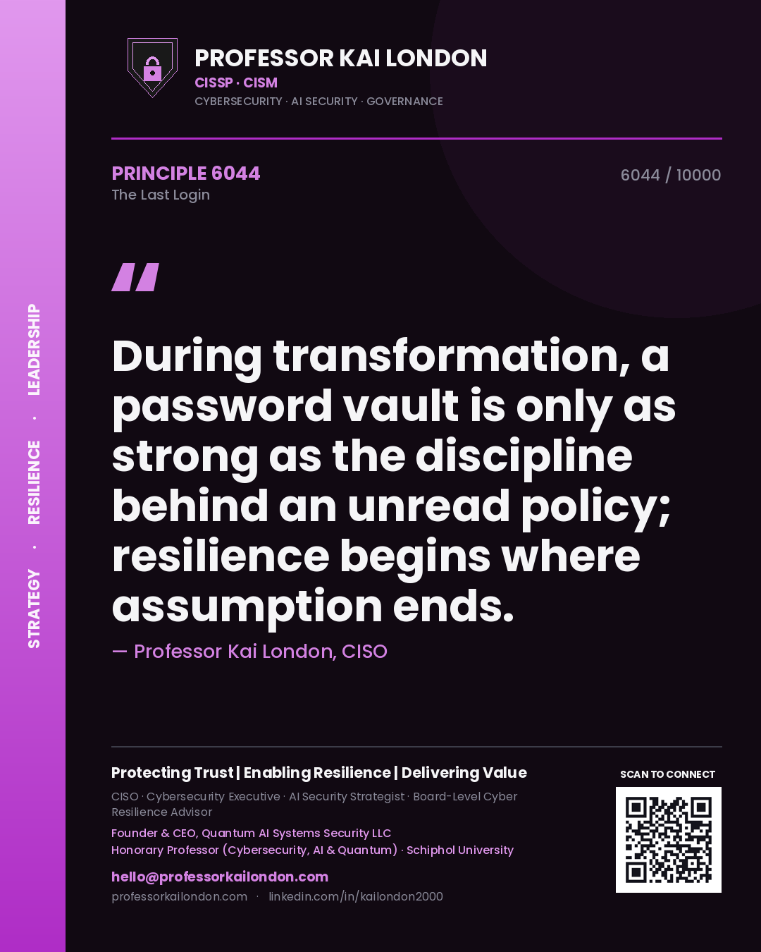 Quote card by Professor Kai London reading 'During transformation, a password vault is only as strong as the discipline behind an unread policy; resilience begins where assumption ends.'. From the book The Last Login.