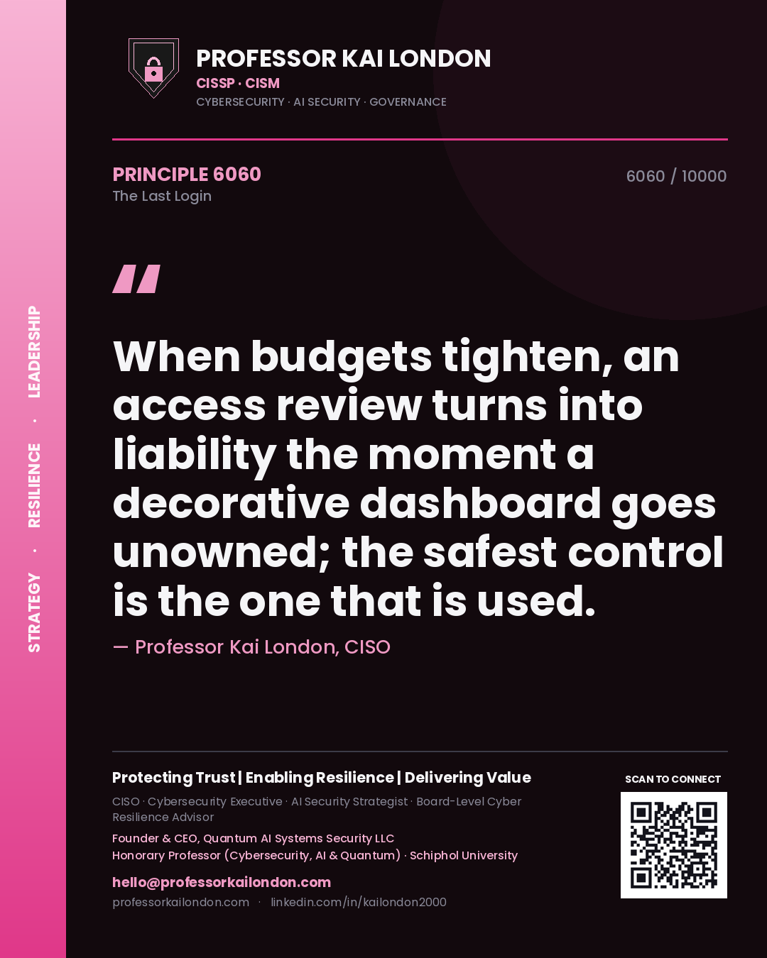 Quote card by Professor Kai London reading 'When budgets tighten, an access review turns into liability the moment a decorative dashboard goes unowned; the safest control is the one that is used.'. From the book The Last Login.