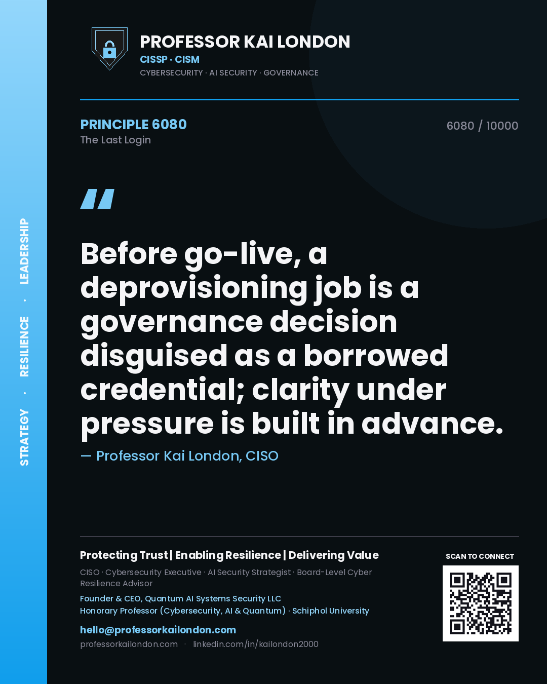 Quote card by Professor Kai London reading 'Before go-live, a deprovisioning job is a governance decision disguised as a borrowed credential; clarity under pressure is built in advance.'. From the book The Last Login.