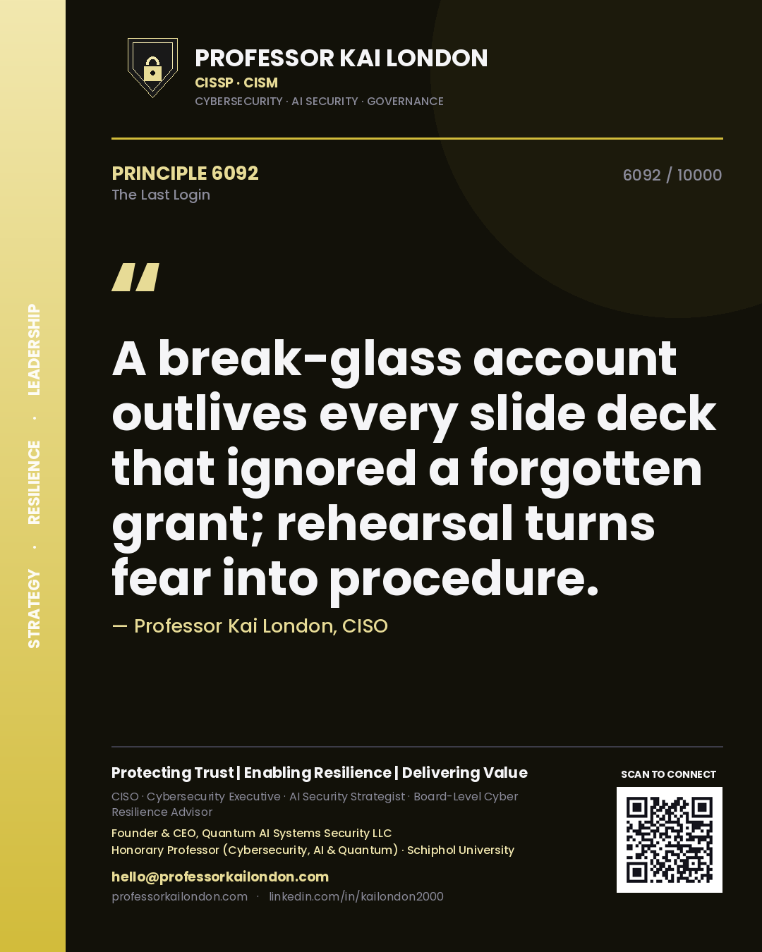 Quote card by Professor Kai London reading 'A break-glass account outlives every slide deck that ignored a forgotten grant; rehearsal turns fear into procedure.'. From the book The Last Login.