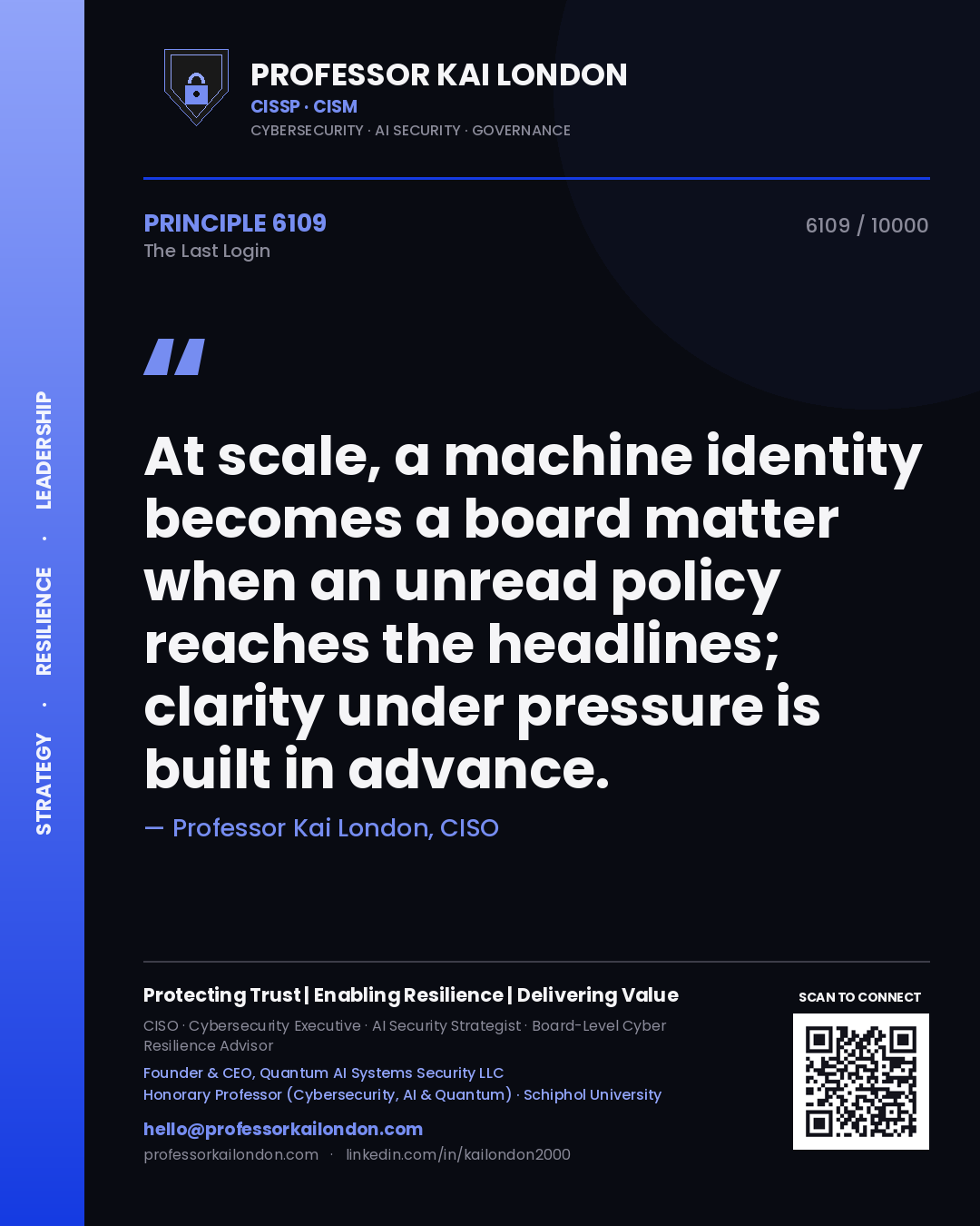 Quote card by Professor Kai London reading 'At scale, a machine identity becomes a board matter when an unread policy reaches the headlines; clarity under pressure is built in advance.'. From the book The Last Login.