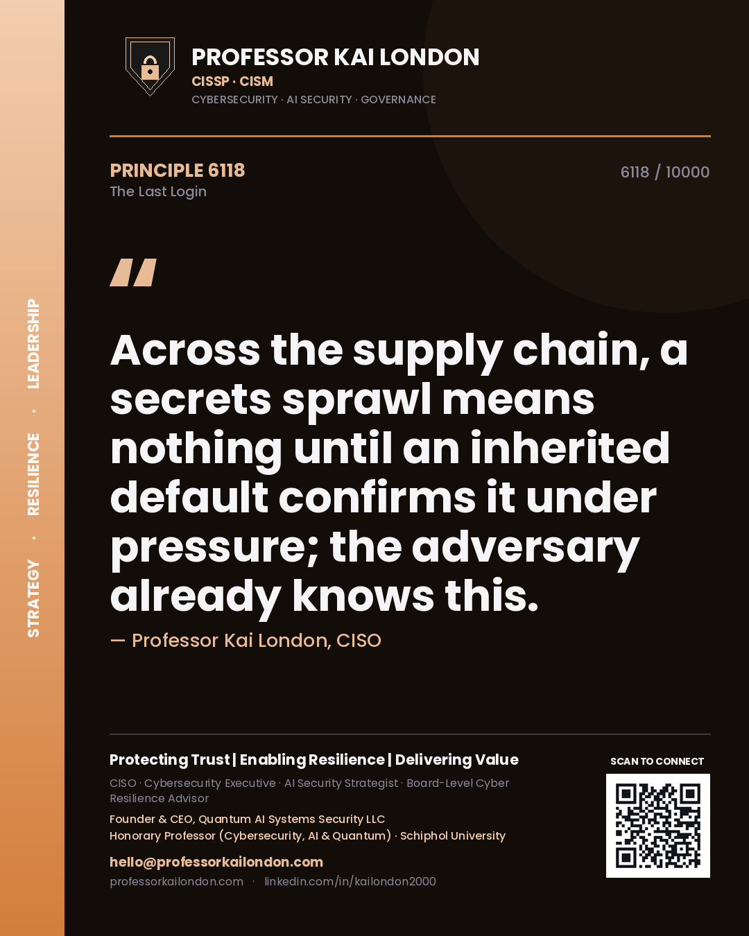 Quote card by Professor Kai London reading 'Across the supply chain, a secrets sprawl means nothing until an inherited default confirms it under pressure; the adversary already knows this.'. From the book The Last Login.