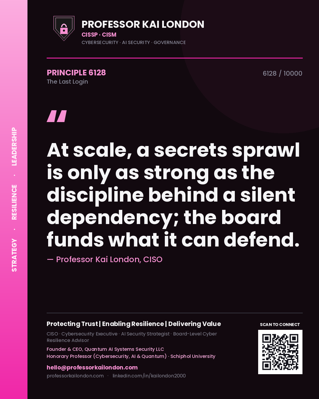 Quote card by Professor Kai London reading 'At scale, a secrets sprawl is only as strong as the discipline behind a silent dependency; the board funds what it can defend.'. From the book The Last Login.