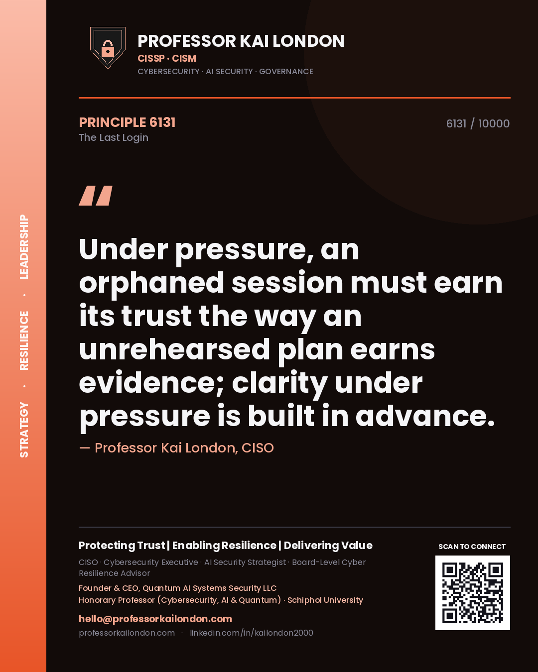 Quote card by Professor Kai London reading 'Under pressure, an orphaned session must earn its trust the way an unrehearsed plan earns evidence; clarity under pressure is built in advance.'. From the book The Last Login.