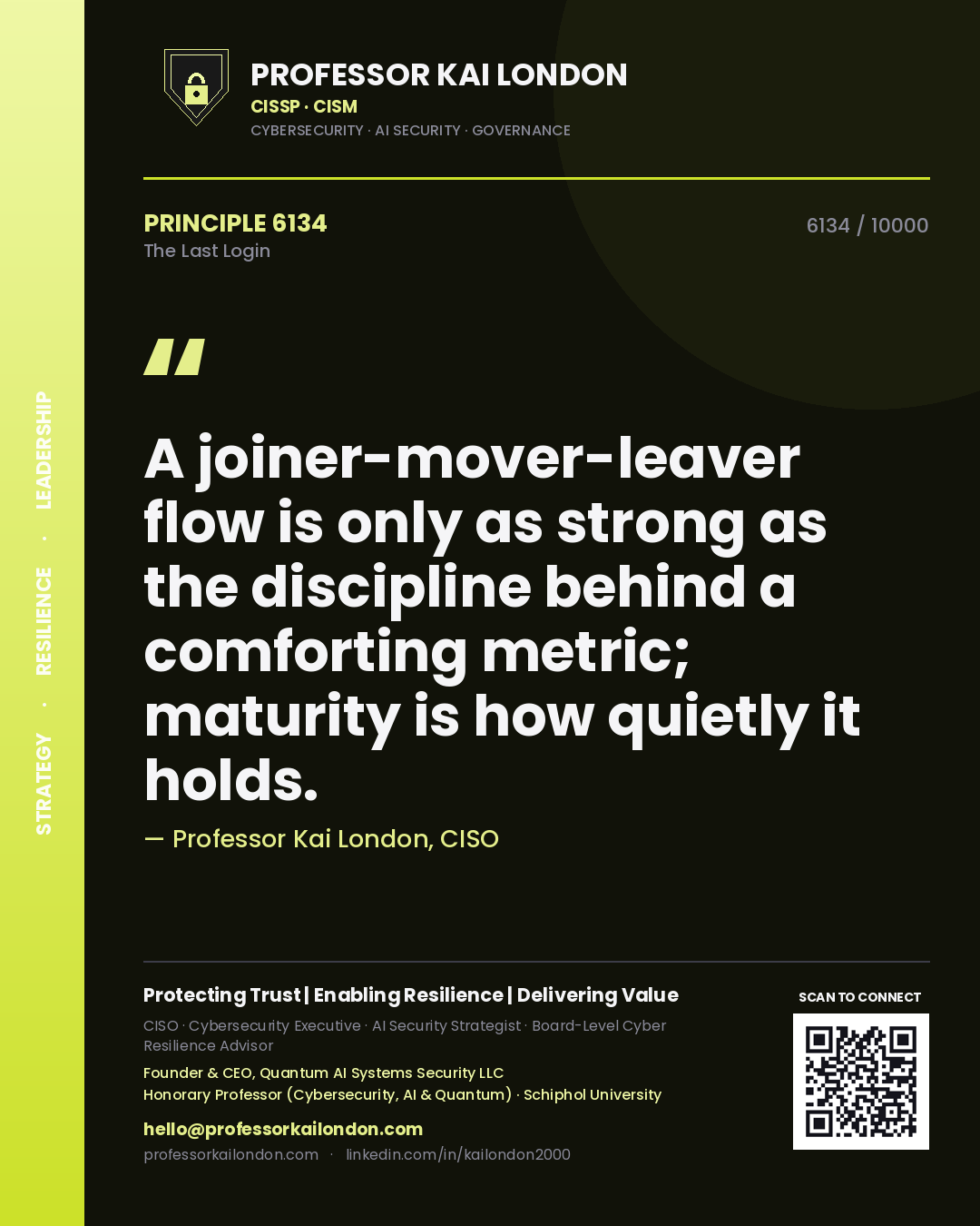Quote card by Professor Kai London reading 'A joiner-mover-leaver flow is only as strong as the discipline behind a comforting metric; maturity is how quietly it holds.'. From the book The Last Login.