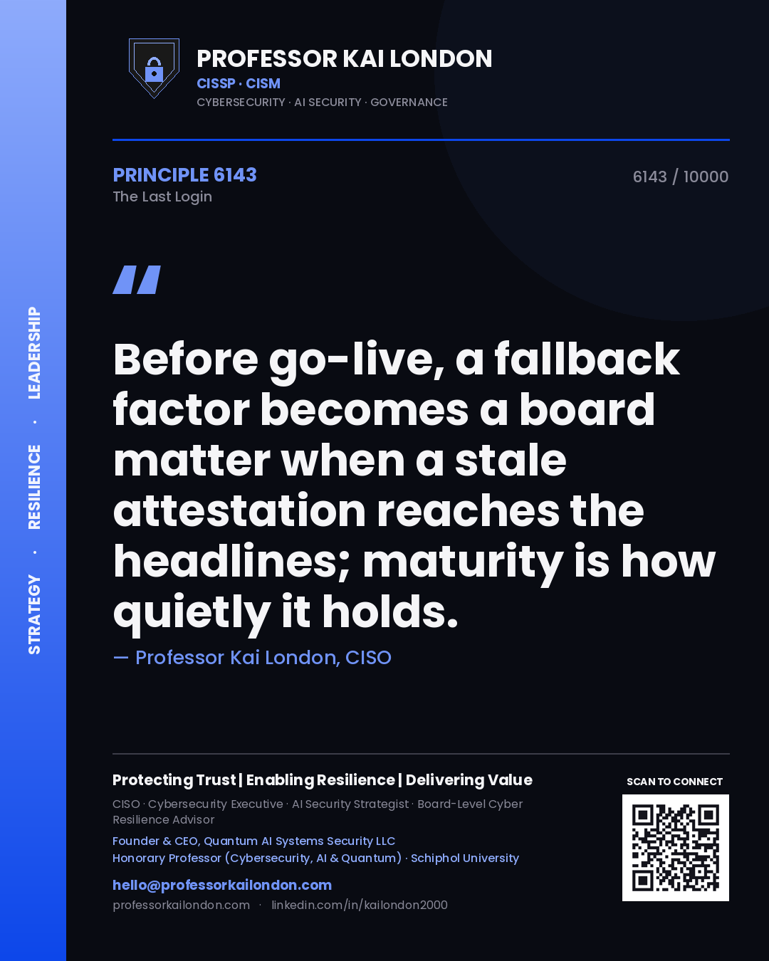 Quote card by Professor Kai London reading 'Before go-live, a fallback factor becomes a board matter when a stale attestation reaches the headlines; maturity is how quietly it holds.'. From the book The Last Login.