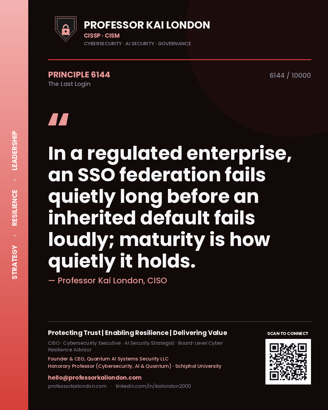 Quote card by Professor Kai London reading 'In a regulated enterprise, an SSO federation fails quietly long before an inherited default fails loudly; maturity is how quietly it holds.'. From the book The Last Login.