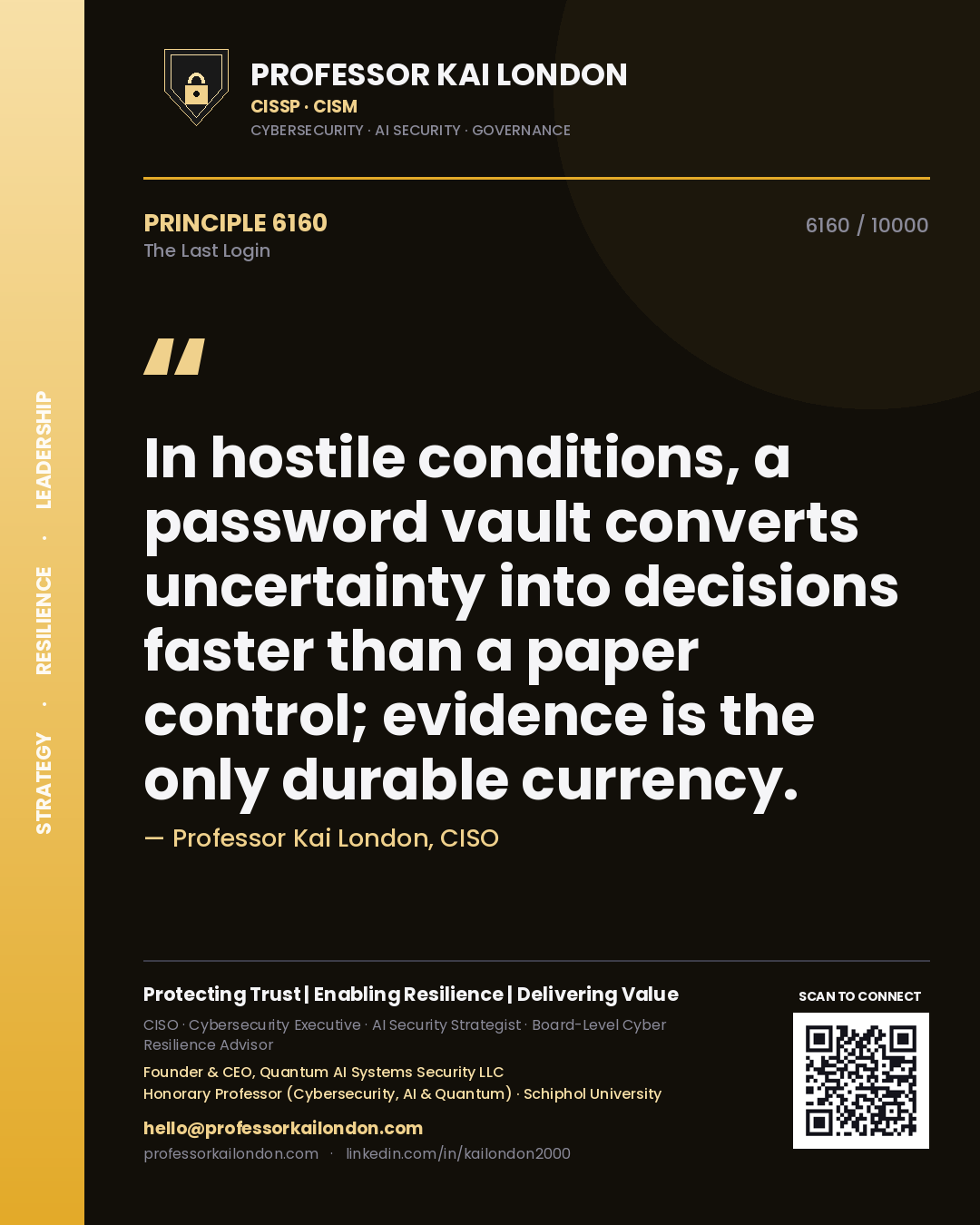 Quote card by Professor Kai London reading 'In hostile conditions, a password vault converts uncertainty into decisions faster than a paper control; evidence is the only durable currency.'. From the book The Last Login.