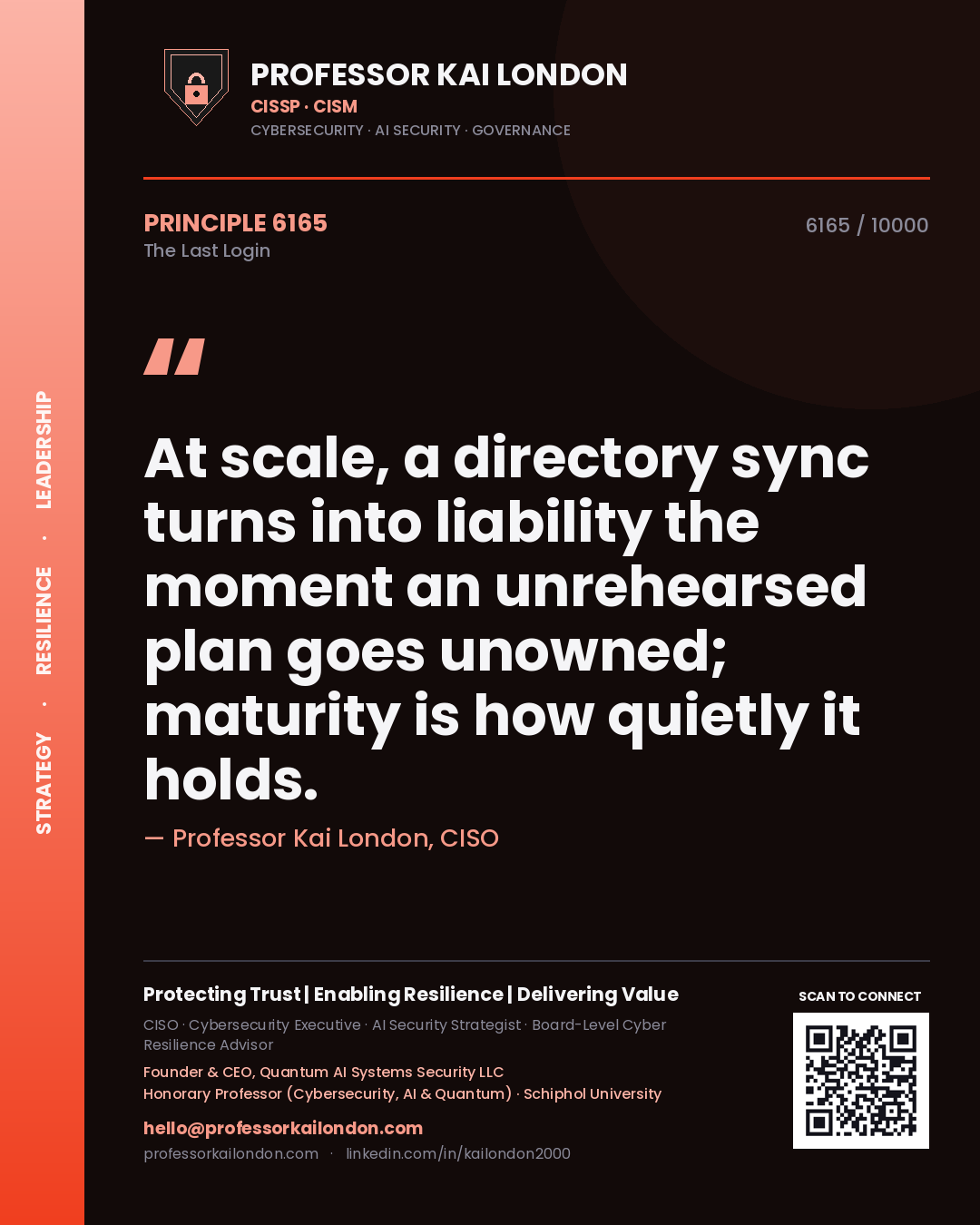 Quote card by Professor Kai London reading 'At scale, a directory sync turns into liability the moment an unrehearsed plan goes unowned; maturity is how quietly it holds.'. From the book The Last Login.