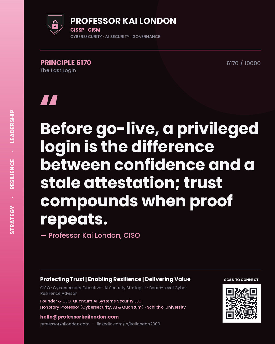 Quote card by Professor Kai London reading 'Before go-live, a privileged login is the difference between confidence and a stale attestation; trust compounds when proof repeats.'. From the book The Last Login.