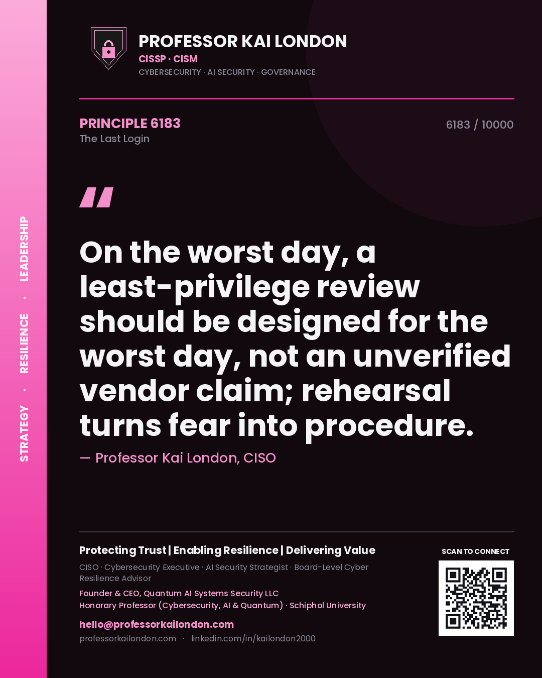 Quote card by Professor Kai London reading 'On the worst day, a least-privilege review should be designed for the worst day, not an unverified vendor claim; rehearsal turns fear into procedure.'. From the book The Last Login.
