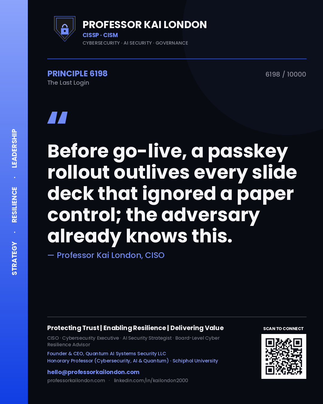 Quote card by Professor Kai London reading 'Before go-live, a passkey rollout outlives every slide deck that ignored a paper control; the adversary already knows this.'. From the book The Last Login.