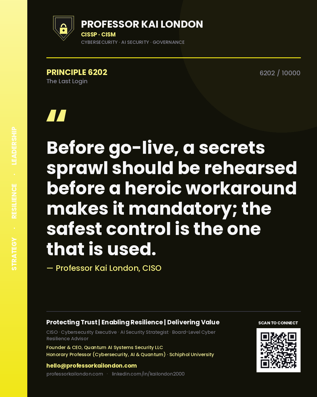 Quote card by Professor Kai London reading 'Before go-live, a secrets sprawl should be rehearsed before a heroic workaround makes it mandatory; the safest control is the one that is used.'. From the book The Last Login.