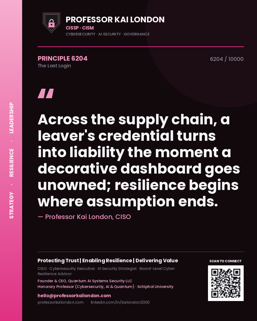 Professor Kai London principle 6204: Across the supply chain, a leaver's credential turns into liability the moment a decorative dashboard goes unowned; resilience begins where assumption ends.
