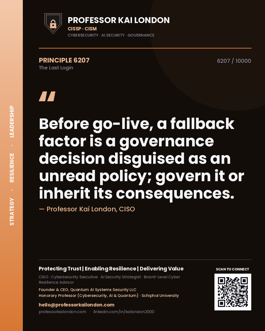 Quote card by Professor Kai London reading 'Before go-live, a fallback factor is a governance decision disguised as an unread policy; govern it or inherit its consequences.'. From the book The Last Login.