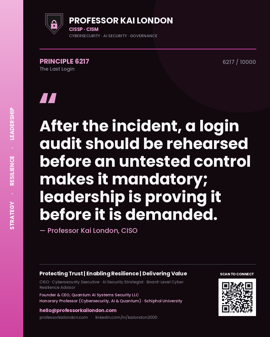 Quote card by Professor Kai London reading 'After the incident, a login audit should be rehearsed before an untested control makes it mandatory; leadership is proving it before it is demanded.'. From the book The Last Login.