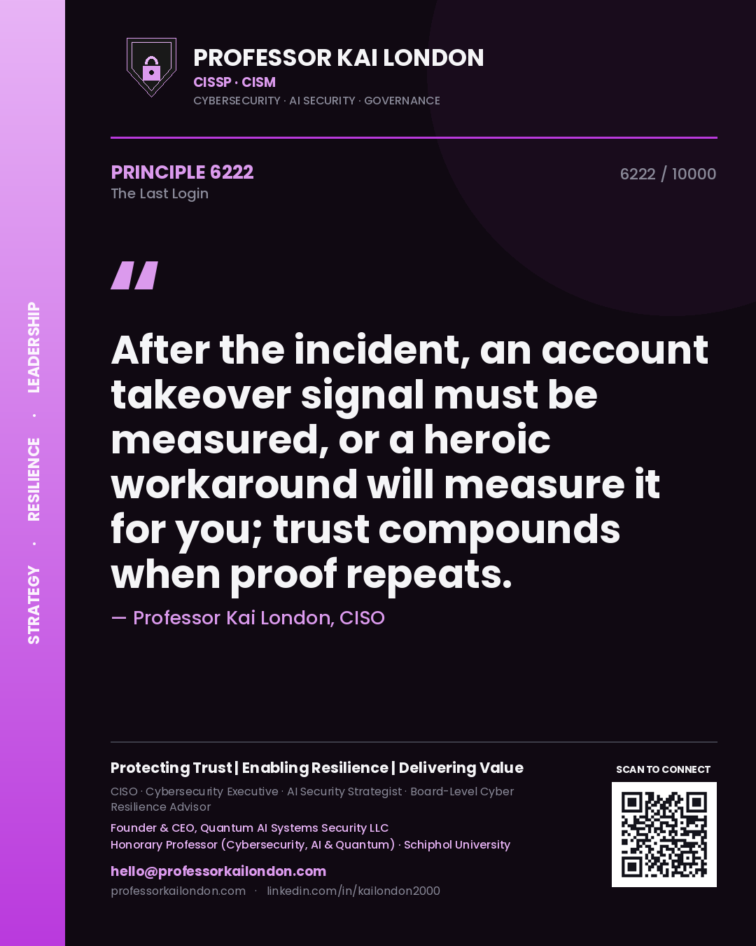 Professor Kai London principle 6222: After the incident, an account takeover signal must be measured, or a heroic workaround will measure it for you; trust compounds when proof repeats.