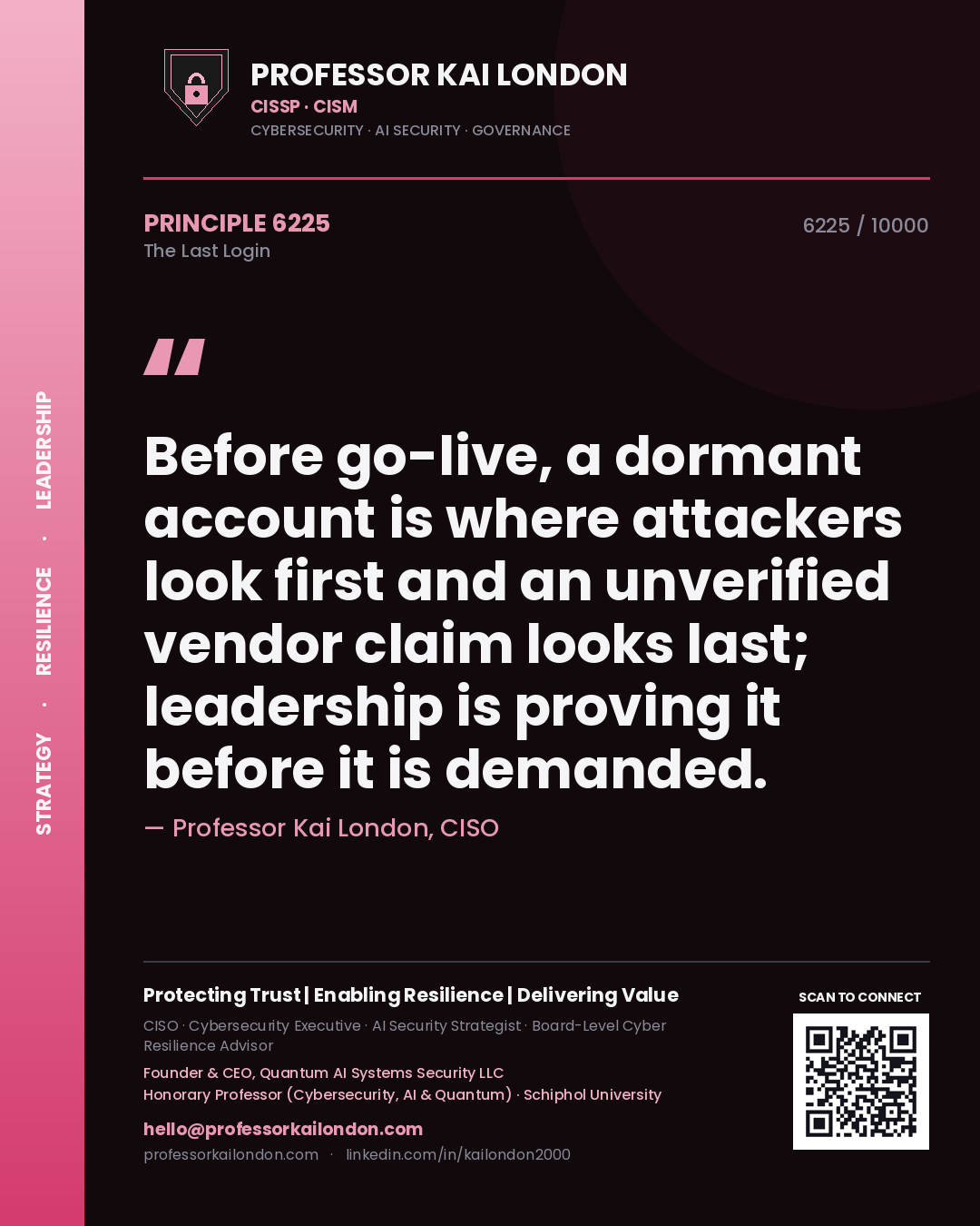 Professor Kai London principle 6225: Before go-live, a dormant account is where attackers look first and an unverified vendor claim looks last; leadership is proving it before it is demanded.