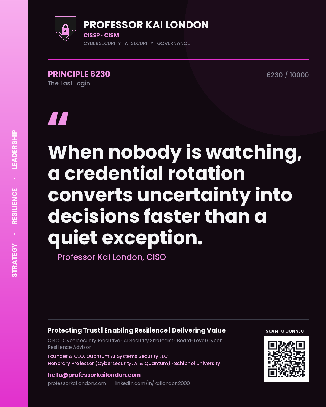 Professor Kai London principle 6230: When nobody is watching, a credential rotation converts uncertainty into decisions faster than a quiet exception.