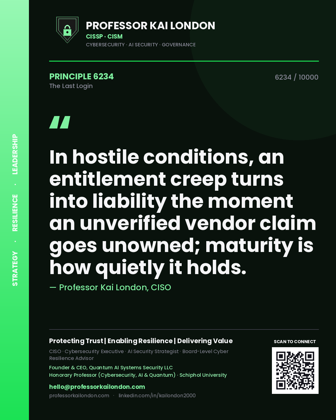 Professor Kai London principle 6234: In hostile conditions, an entitlement creep turns into liability the moment an unverified vendor claim goes unowned; maturity is how quietly it holds.