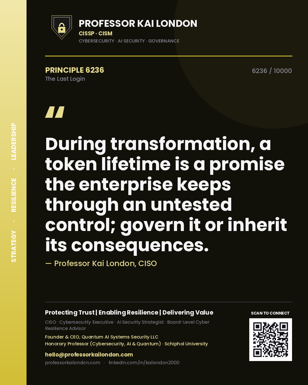 Professor Kai London principle 6236: During transformation, a token lifetime is a promise the enterprise keeps through an untested control; govern it or inherit its consequences.