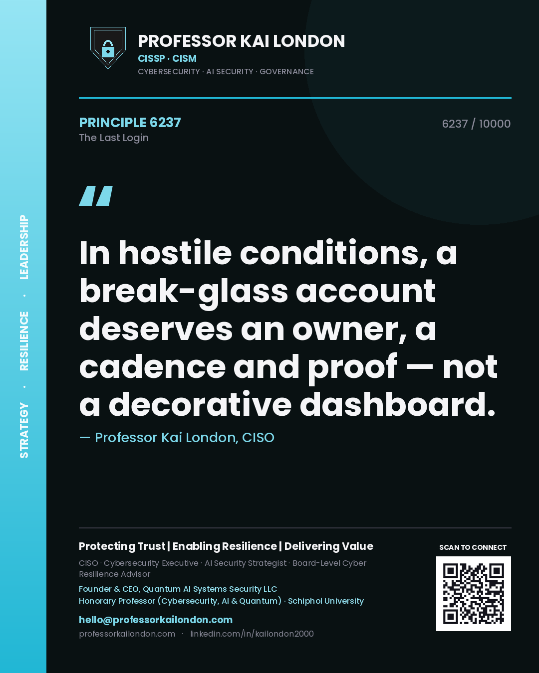 Professor Kai London principle 6237: In hostile conditions, a break-glass account deserves an owner, a cadence and proof — not a decorative dashboard.