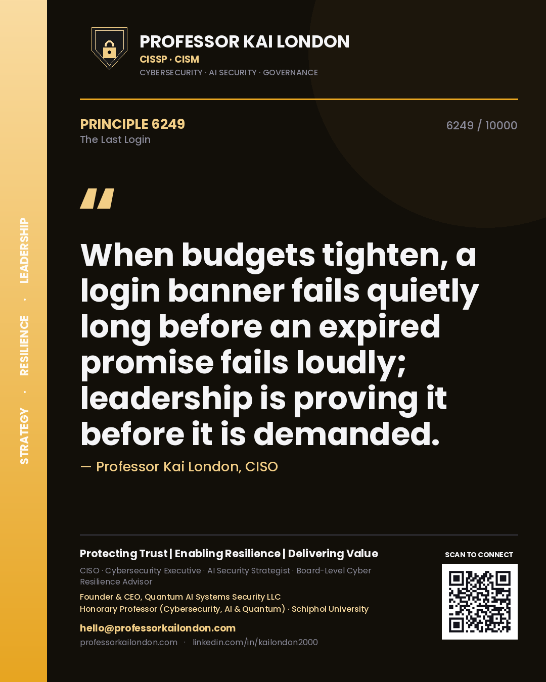 Professor Kai London principle 6249: When budgets tighten, a login banner fails quietly long before an expired promise fails loudly; leadership is proving it before it is demanded.