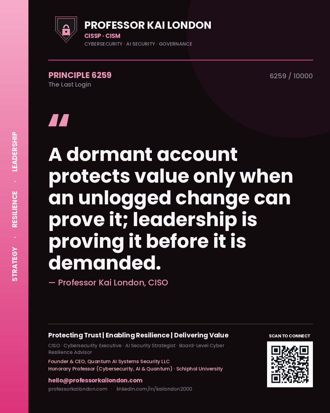 Quote card by Professor Kai London reading 'A dormant account protects value only when an unlogged change can prove it; leadership is proving it before it is demanded.'. From the book The Last Login.