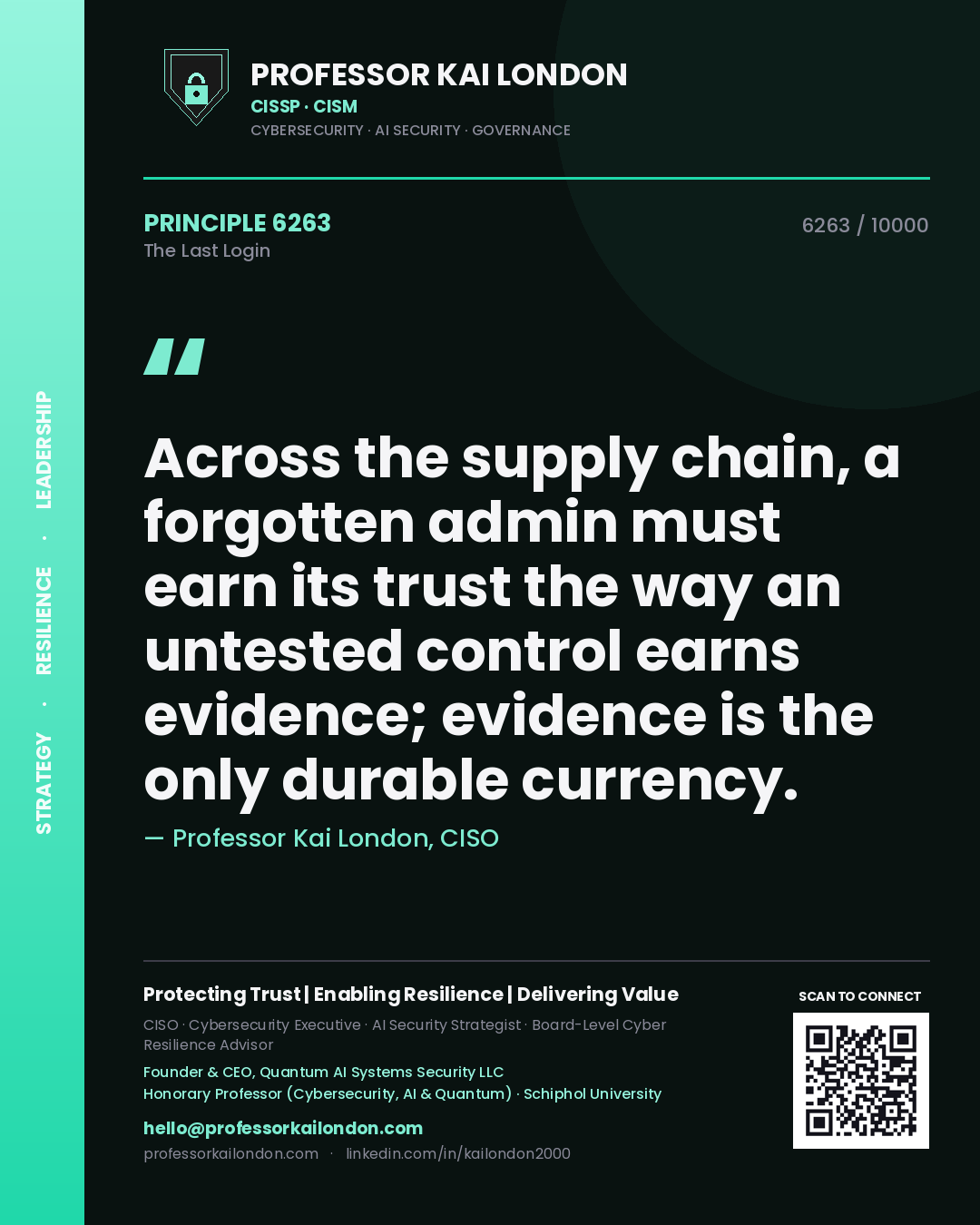 Professor Kai London principle 6263: Across the supply chain, a forgotten admin must earn its trust the way an untested control earns evidence; evidence is the only durable currency.