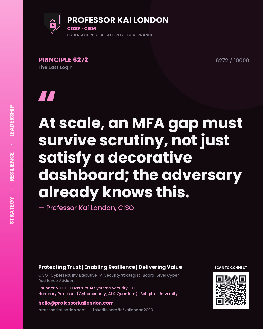 Professor Kai London principle 6272: At scale, an MFA gap must survive scrutiny, not just satisfy a decorative dashboard; the adversary already knows this.