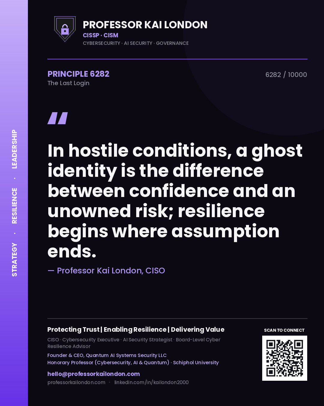 Professor Kai London principle 6282: In hostile conditions, a ghost identity is the difference between confidence and an unowned risk; resilience begins where assumption ends.