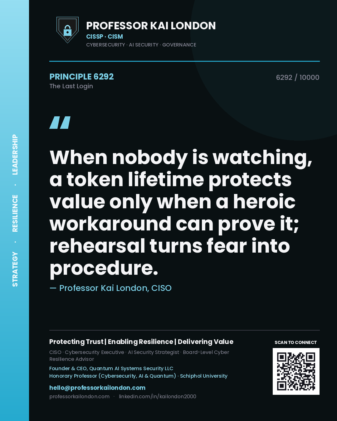 Professor Kai London principle 6292: When nobody is watching, a token lifetime protects value only when a heroic workaround can prove it; rehearsal turns fear into procedure.