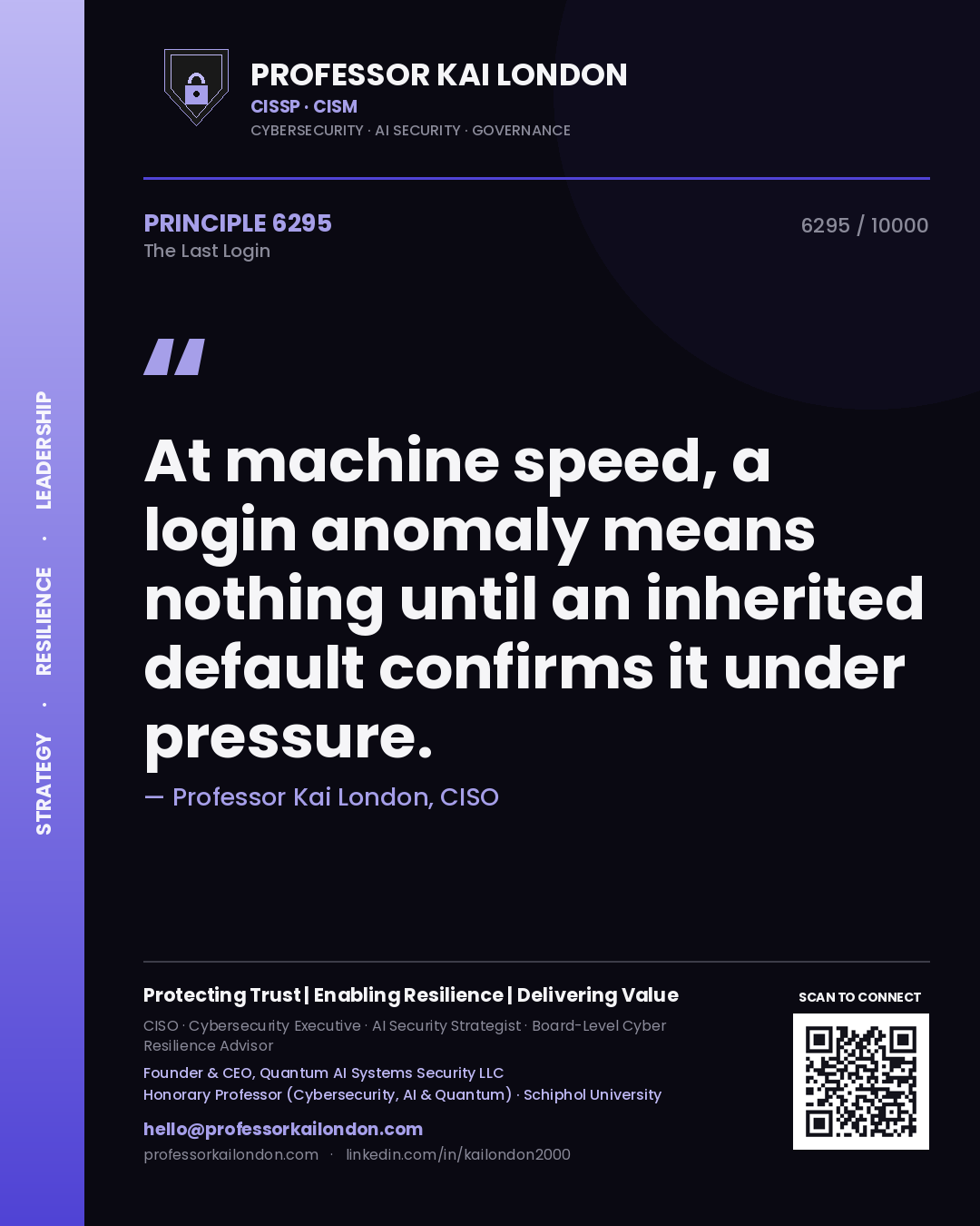 Quote card by Professor Kai London reading 'At machine speed, a login anomaly means nothing until an inherited default confirms it under pressure.'. From the book The Last Login.