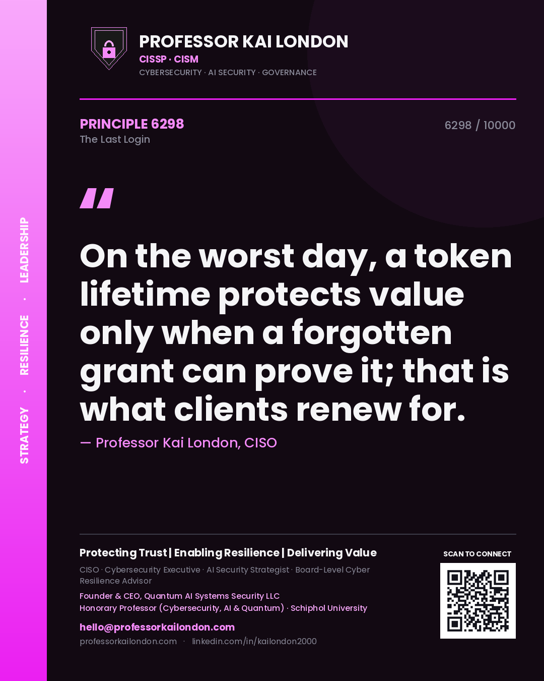 Professor Kai London principle 6298: On the worst day, a token lifetime protects value only when a forgotten grant can prove it; that is what clients renew for.