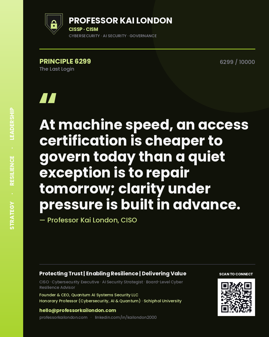 Quote card by Professor Kai London reading 'At machine speed, an access certification is cheaper to govern today than a quiet exception is to repair tomorrow; clarity under pressure is built in advance.'. From the book The Last Login.