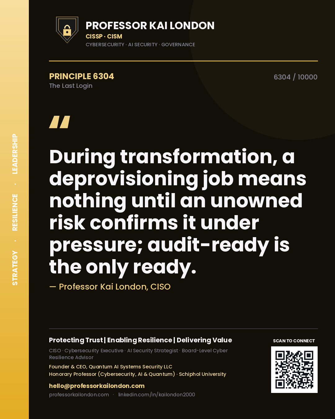 Quote card by Professor Kai London reading 'During transformation, a deprovisioning job means nothing until an unowned risk confirms it under pressure; audit-ready is the only ready.'. From the book The Last Login.