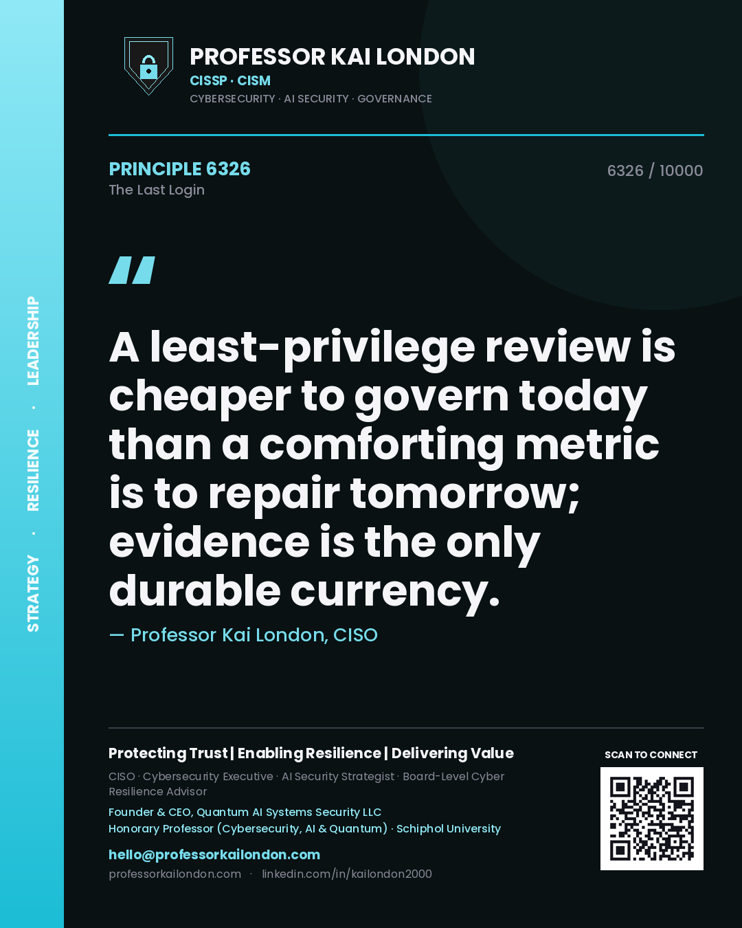 Quote card by Professor Kai London reading 'A least-privilege review is cheaper to govern today than a comforting metric is to repair tomorrow; evidence is the only durable currency.'. From the book The Last Login.
