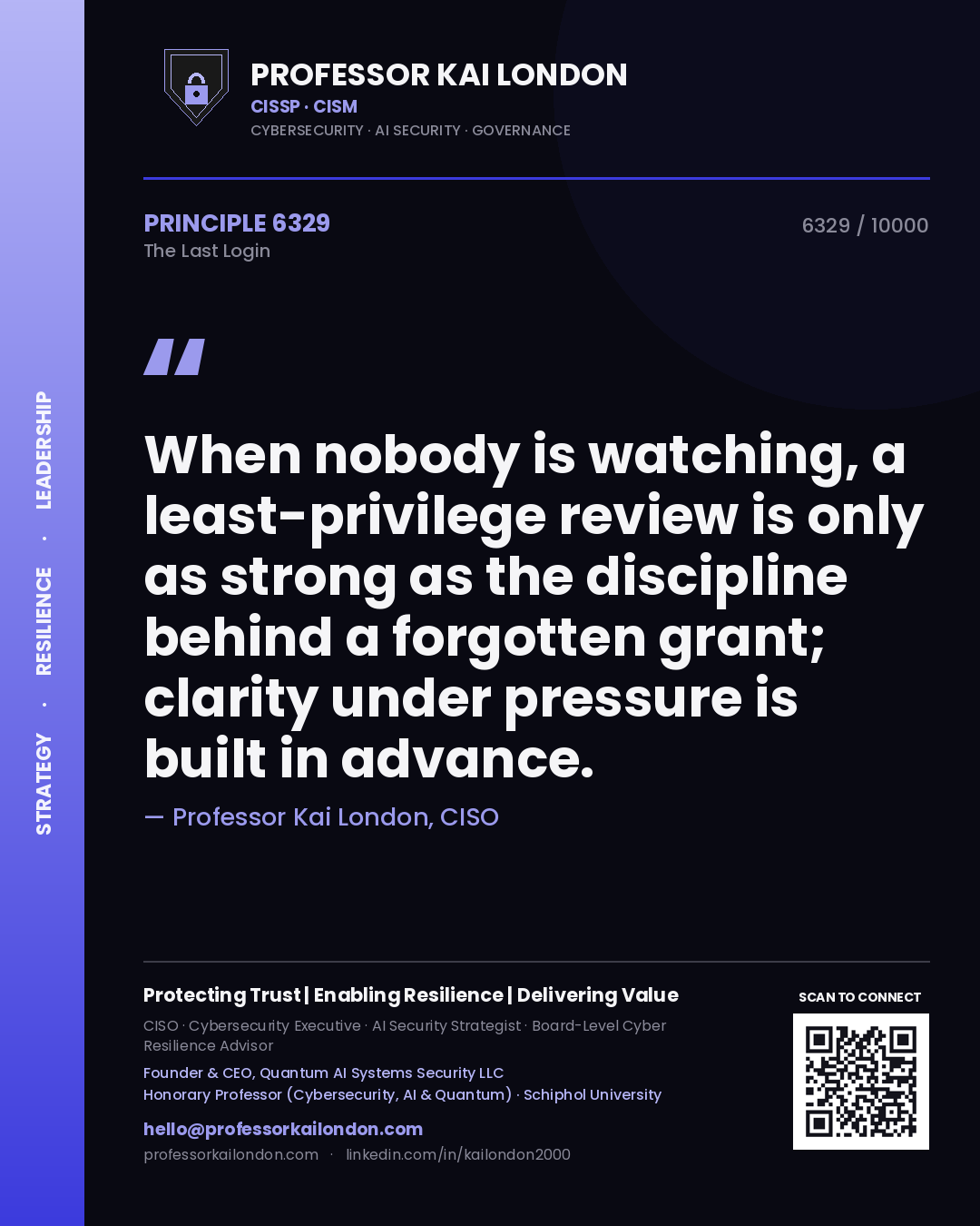 Professor Kai London principle 6329: When nobody is watching, a least-privilege review is only as strong as the discipline behind a forgotten grant; clarity under pressure is built in advance.