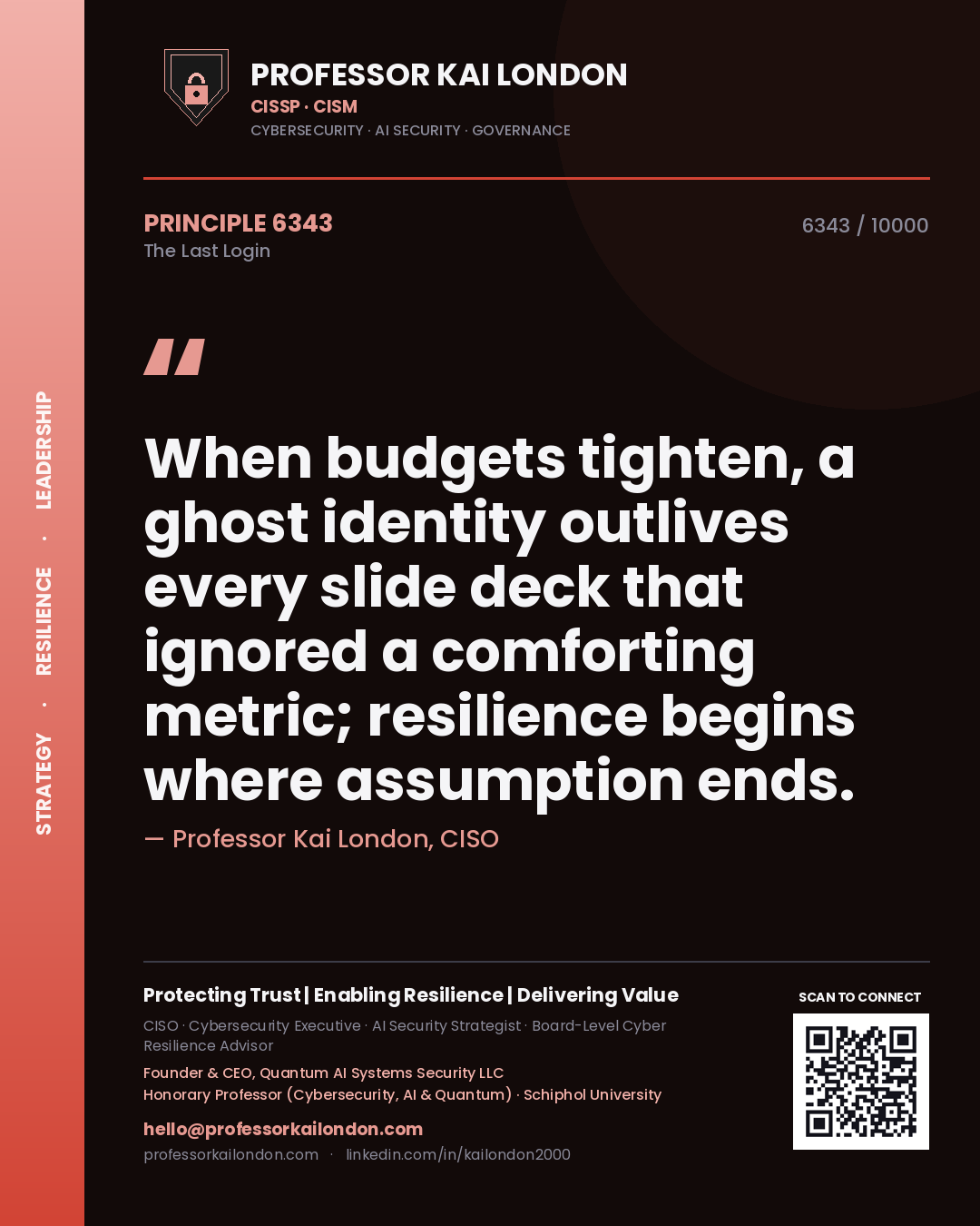 Quote card by Professor Kai London reading 'When budgets tighten, a ghost identity outlives every slide deck that ignored a comforting metric; resilience begins where assumption ends.'. From the book The Last Login.