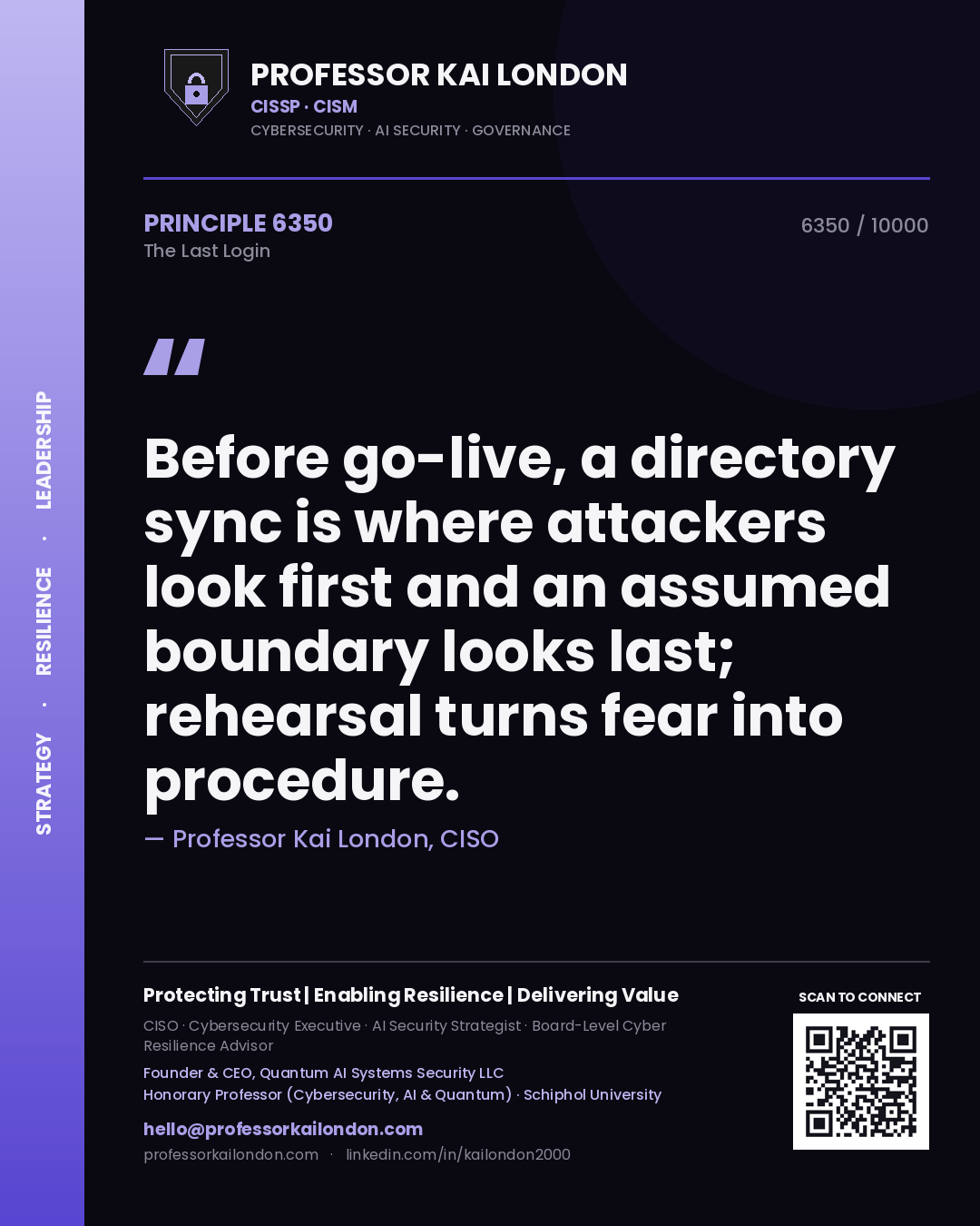 Quote card by Professor Kai London reading 'Before go-live, a directory sync is where attackers look first and an assumed boundary looks last; rehearsal turns fear into procedure.'. From the book The Last Login.
