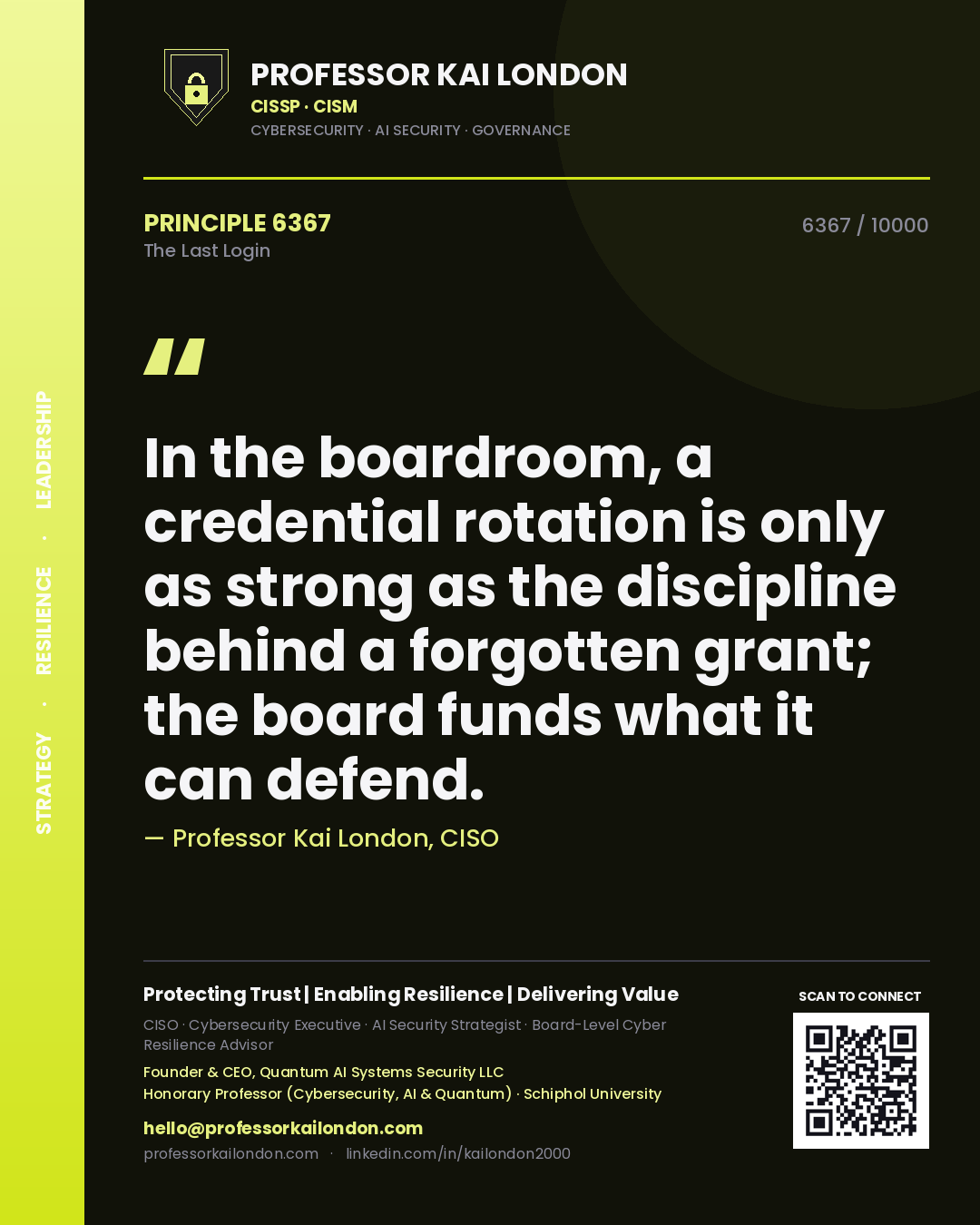 Professor Kai London principle 6367: In the boardroom, a credential rotation is only as strong as the discipline behind a forgotten grant; the board funds what it can defend.