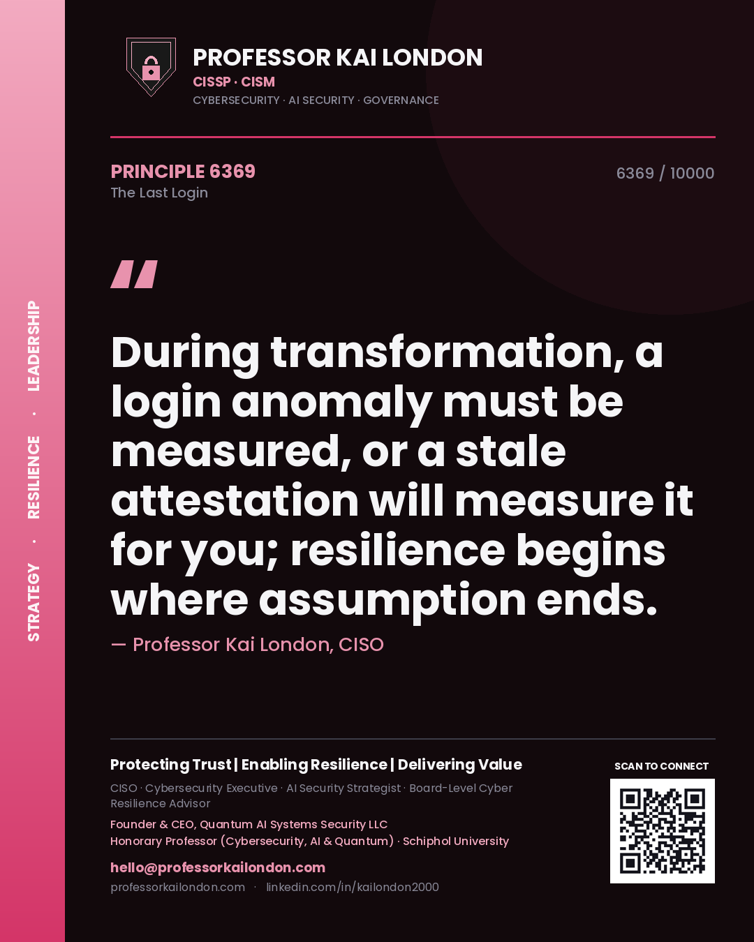 Quote card by Professor Kai London reading 'During transformation, a login anomaly must be measured, or a stale attestation will measure it for you; resilience begins where assumption ends.'. From the book The Last Login.
