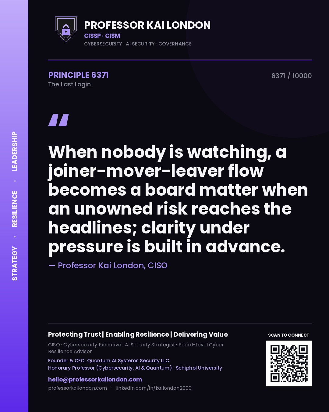 Quote card by Professor Kai London reading 'When nobody is watching, a joiner-mover-leaver flow becomes a board matter when an unowned risk reaches the headlines; clarity under pressure is built in advance.'. From the book The Last Login.